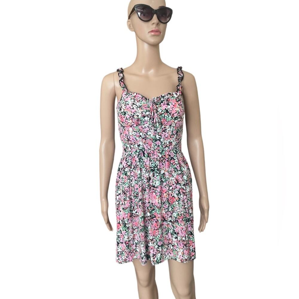 AUW Dress Womens Medium Pink Black Floral Ruffle Strap Mini Boho Sundress Padded